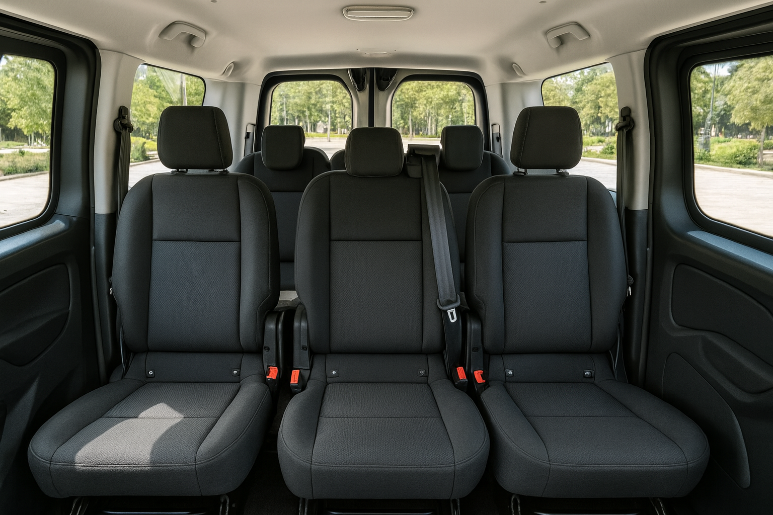 Interior amplio de la furgoneta de Taxi Regué, transporte de grupos de hasta 8 pasajeros en Sevilla